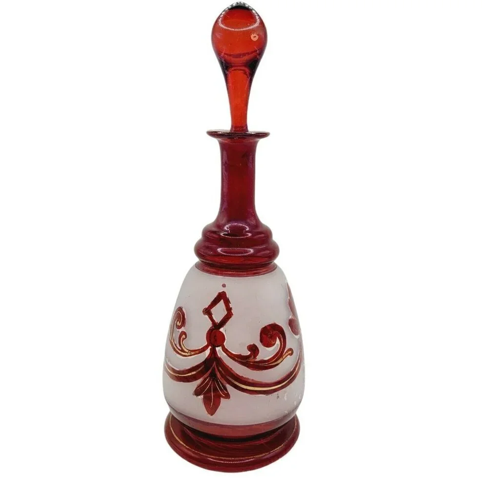 Vintage Bohemian Ruby Red Decanter Frosted Glass Painted Gold Gilding 9